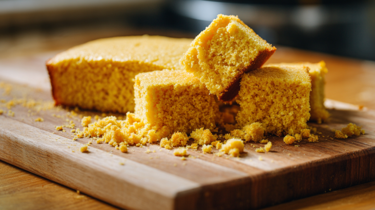 Stale cornbread on a cutting board with crumbles ready for recipes on a modern kitchen counter
