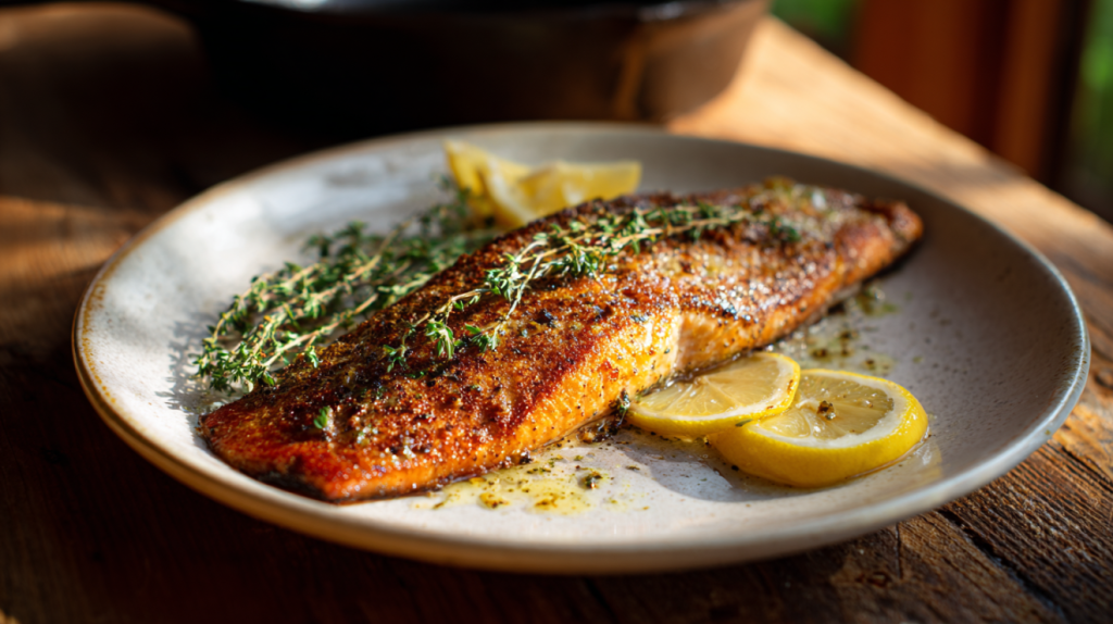 Pan-seared steelhead trout recipe with crispy golden skin, herb butter, and fresh lemon