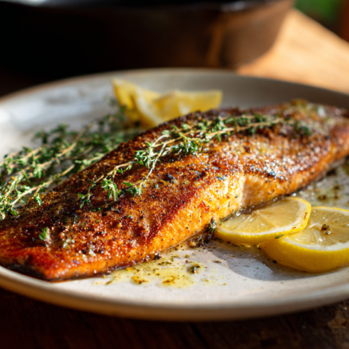 Pan-seared steelhead trout recipe with crispy golden skin, herb butter, and fresh lemon