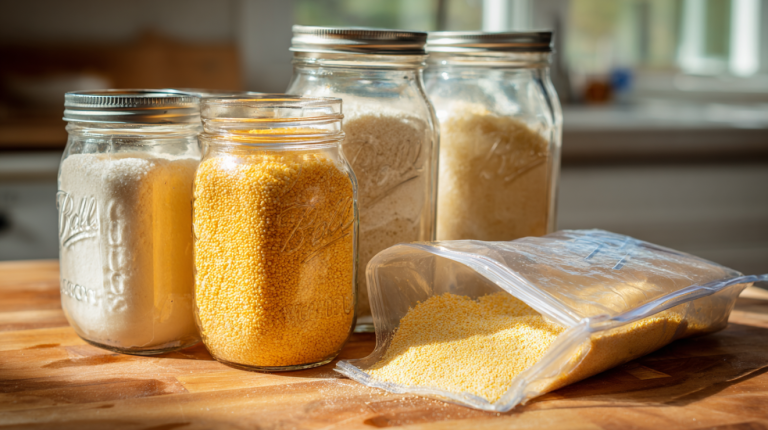 Stone-ground grits and cornmeal stored in mason jars and freezer bags on a modern kitchen counter