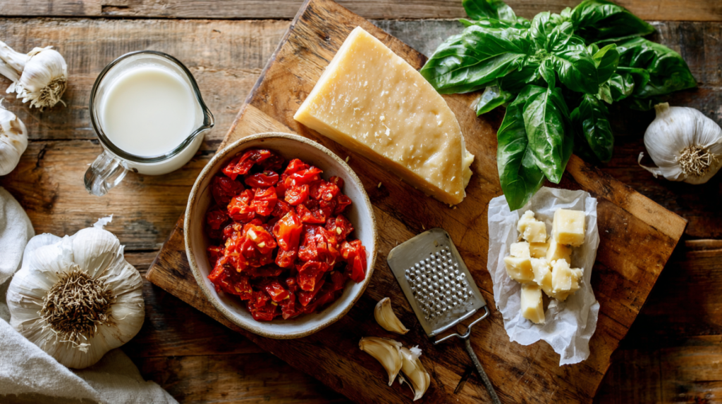 Fire-roasted tomatoes and Parmesan cheese for tomato Alfredo sauce
