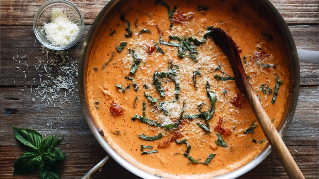 Creamy tomato Alfredo sauce in a skillet ready to serve