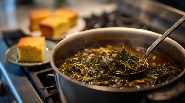 Pot likker — the rich, dark broth from slow-cooked Southern greens