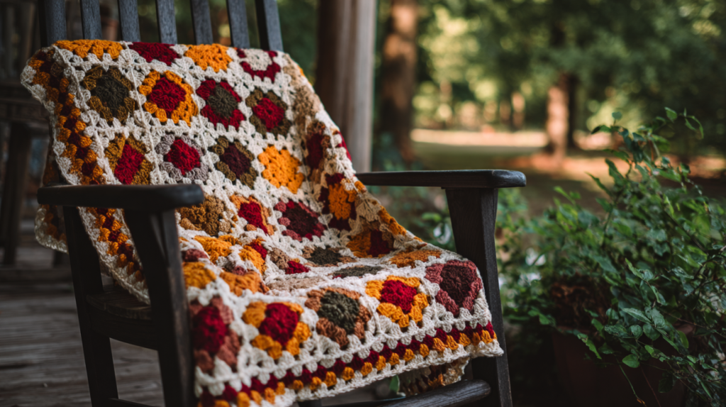 Crochet granny stripe blanket with colorful rows draped over a rocking chair