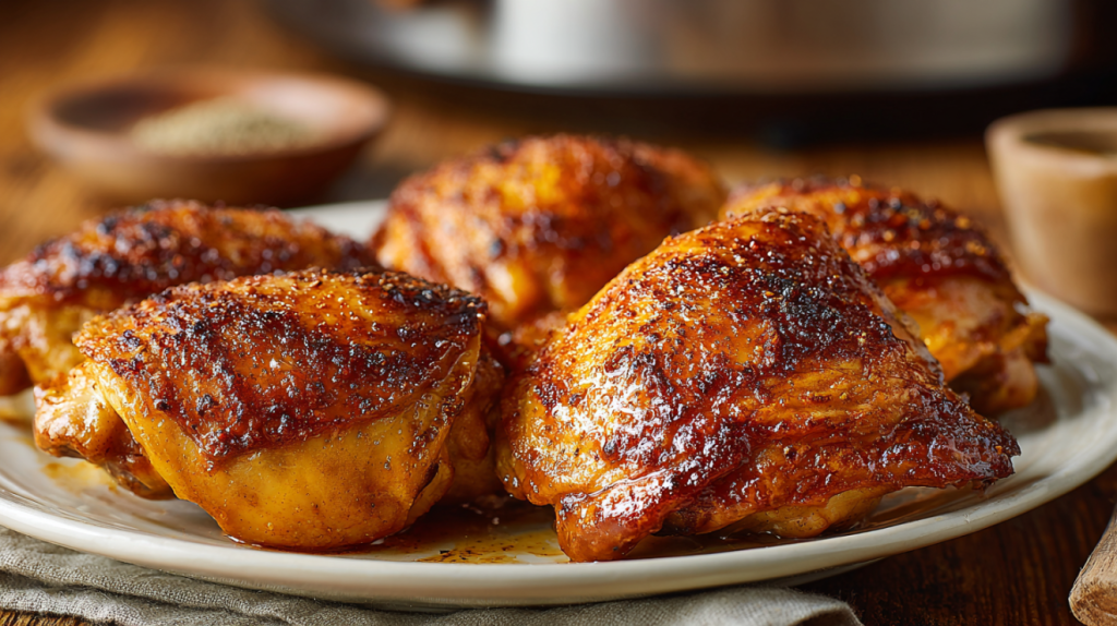 Crispy golden air fryer chicken thighs ready to serve