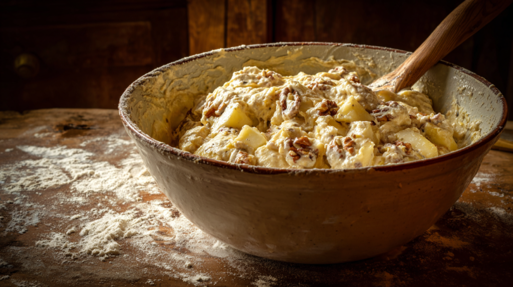 Thick Amish apple cake batter with fresh apple chunks in a mixing bowl