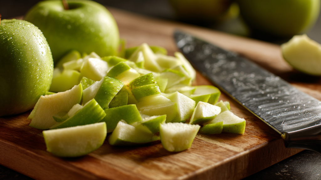 Chopped apples for Amish apple cake recipe on a cutting board