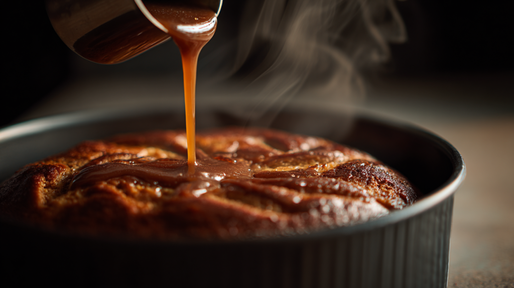 Pouring brown sugar glaze over hot Amish apple cake recipe fresh from oven