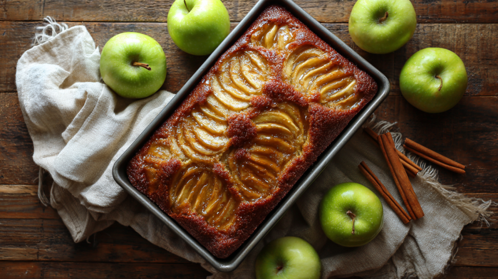 Amish apple cake recipe golden brown in a baking pan with brown sugar glaze