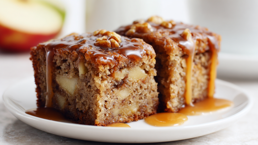 Amish apple cake recipe sliced and plated showing moist apple-filled interior