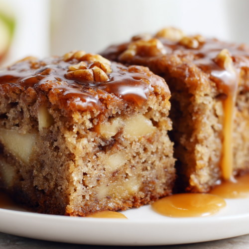 Amish apple cake recipe sliced and plated showing moist apple-filled interior