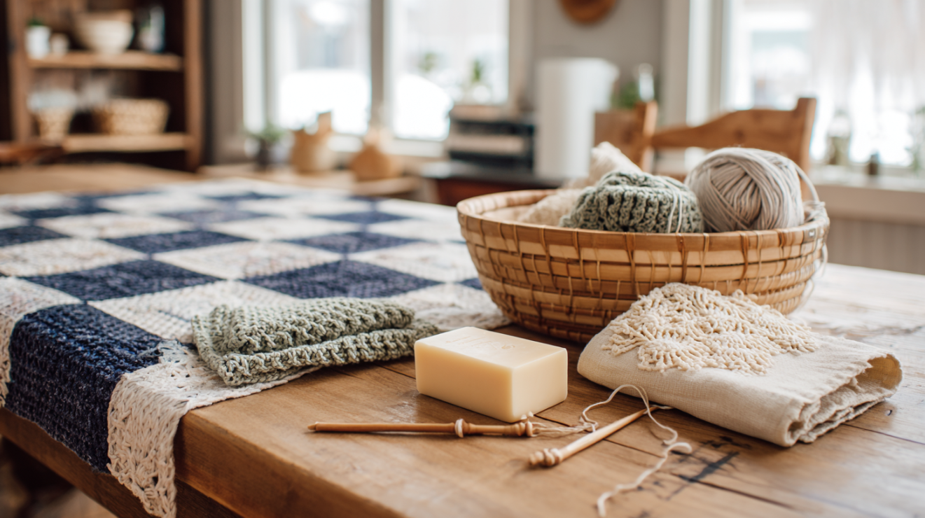 A modern Southern farmhouse table showcasing traditional country crafts including a handmade Nine Patch quilt, cotton crochet projects, and hand-knitted items.