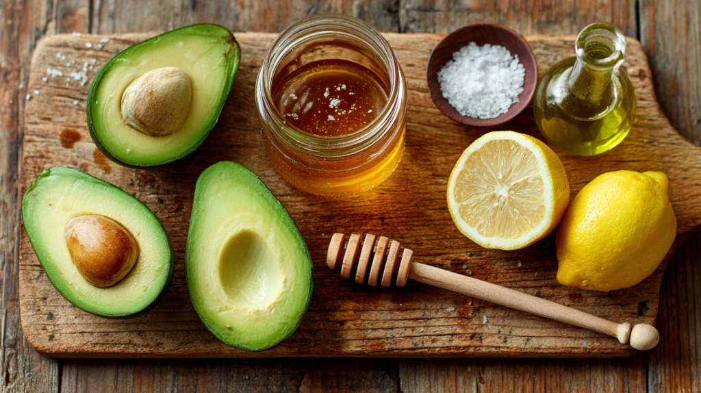 Fresh avocado honey recipe ingredients on a cutting board with lemons