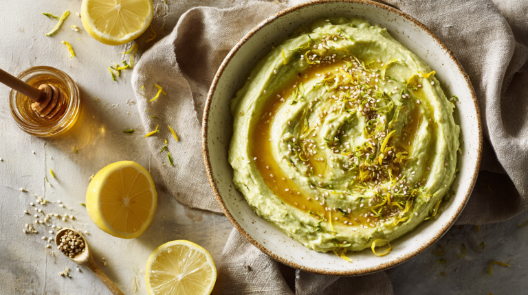 Creamy avocado honey mash with olive oil and lemon zest in a ceramic bowl