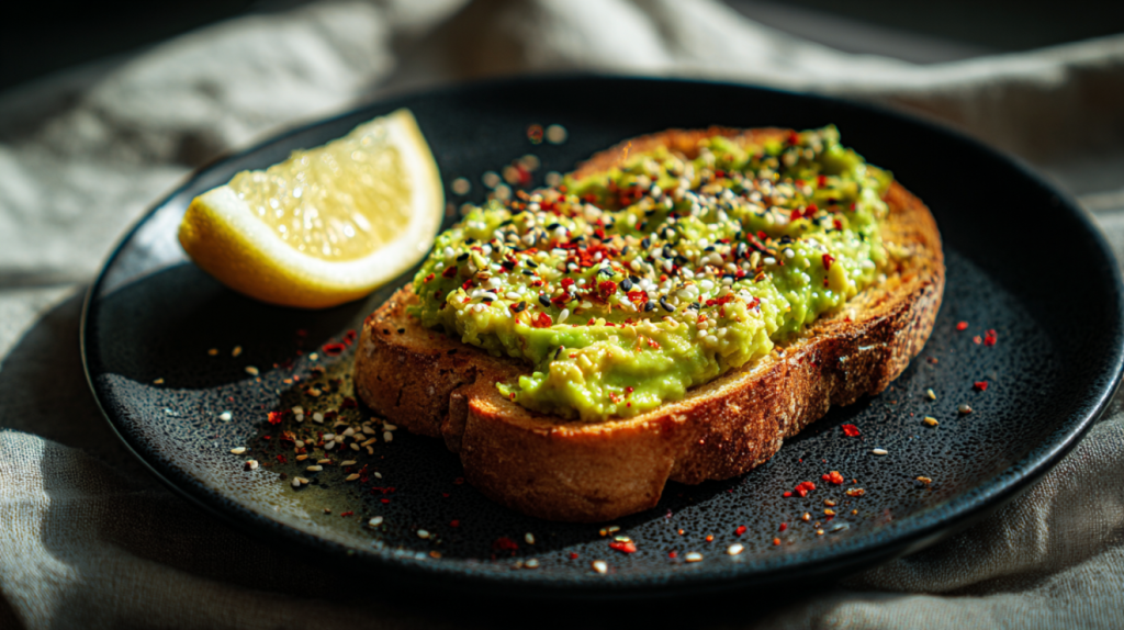 Avocado honey mash on toast with sesame seeds served on a rustic plate