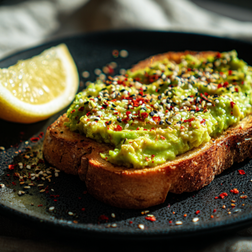 Avocado honey mash on toast with sesame seeds served on a rustic plate