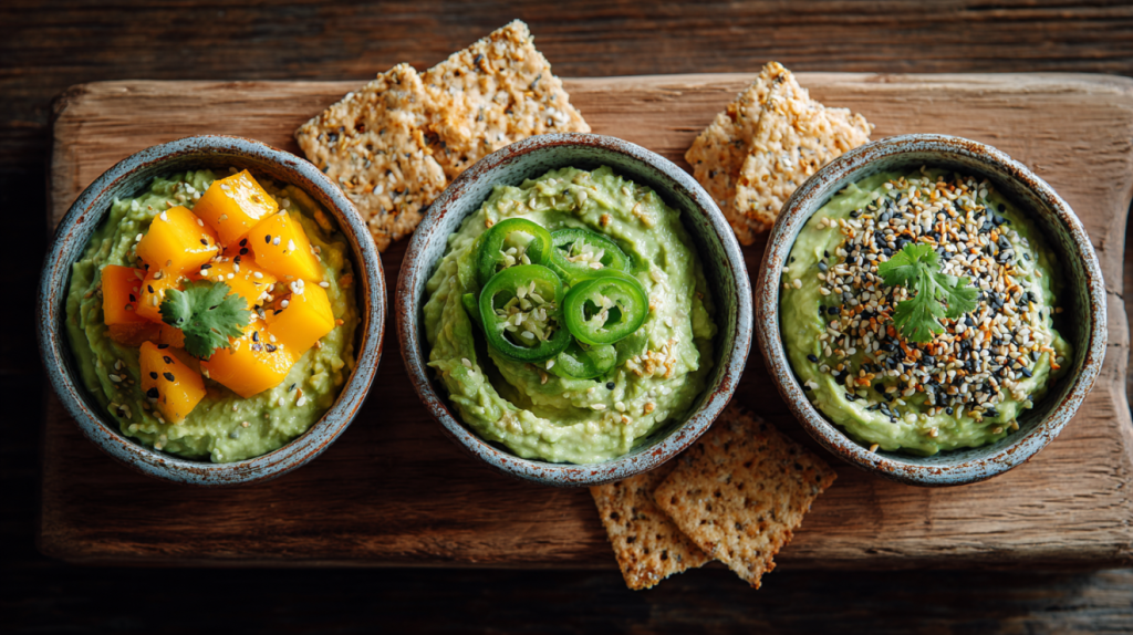 Avocado honey recipe variations with different toppings in small bowls