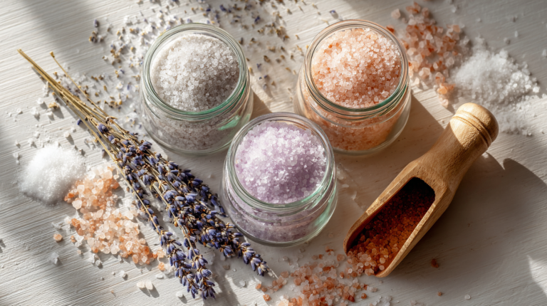 Homemade bath salts in glass jars with Epsom Dead Sea and Himalayan pink salt on a modern bathroom surface