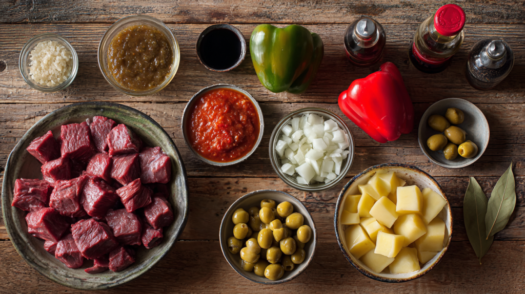 All the ingredients for making beef caldereta recipe laid out on a cutting board