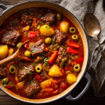 Beef caldereta recipe with tender chunks of beef, bell peppers, and potatoes in a rich tomato sauce