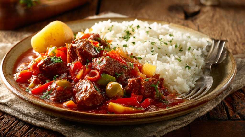 Plated beef caldereta recipe served over steamed white rice