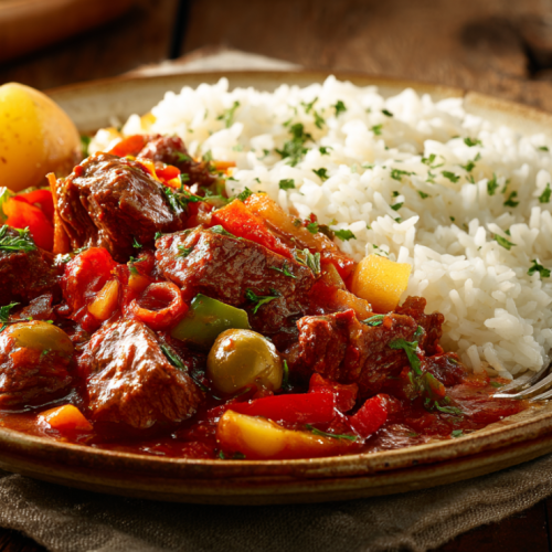 Plated beef caldereta recipe served over steamed white rice