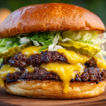 Blackstone smash burger recipe — double patty with melted American cheese, pickles, and smash sauce on a toasted brioche bun
