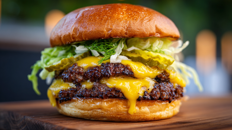 Blackstone smash burger recipe — double patty with melted American cheese, pickles, and smash sauce on a toasted brioche bun
