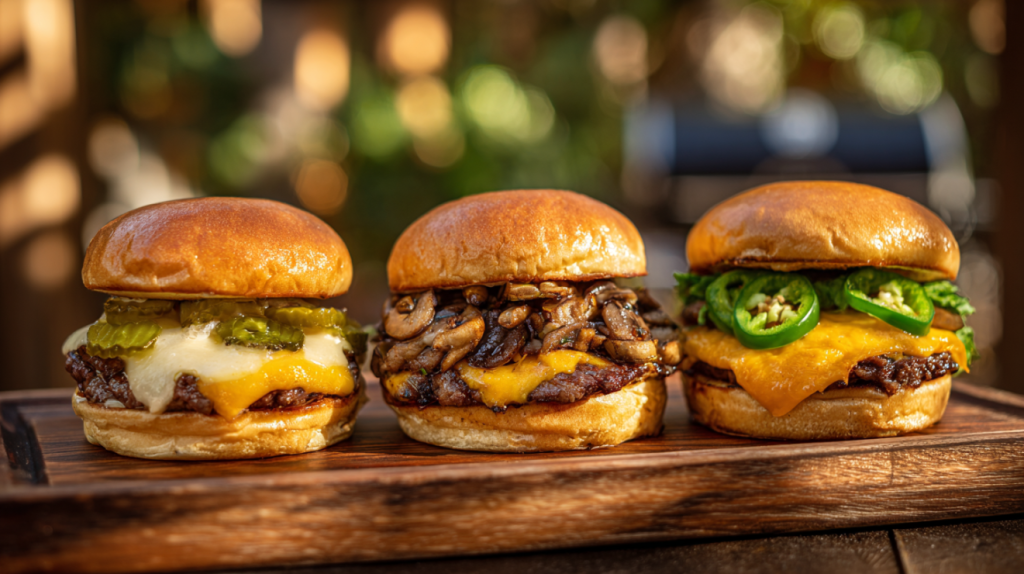 Three Blackstone smash burger recipe variations on a platter showing different topping options