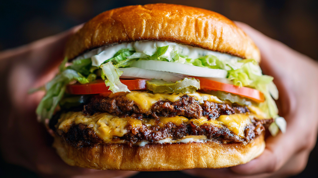 Side view of a finished Blackstone smash burger showing all layers from bun to patty to toppings