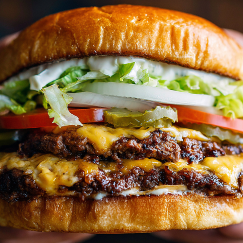 Side view of a finished Blackstone smash burger showing all layers from bun to patty to toppings