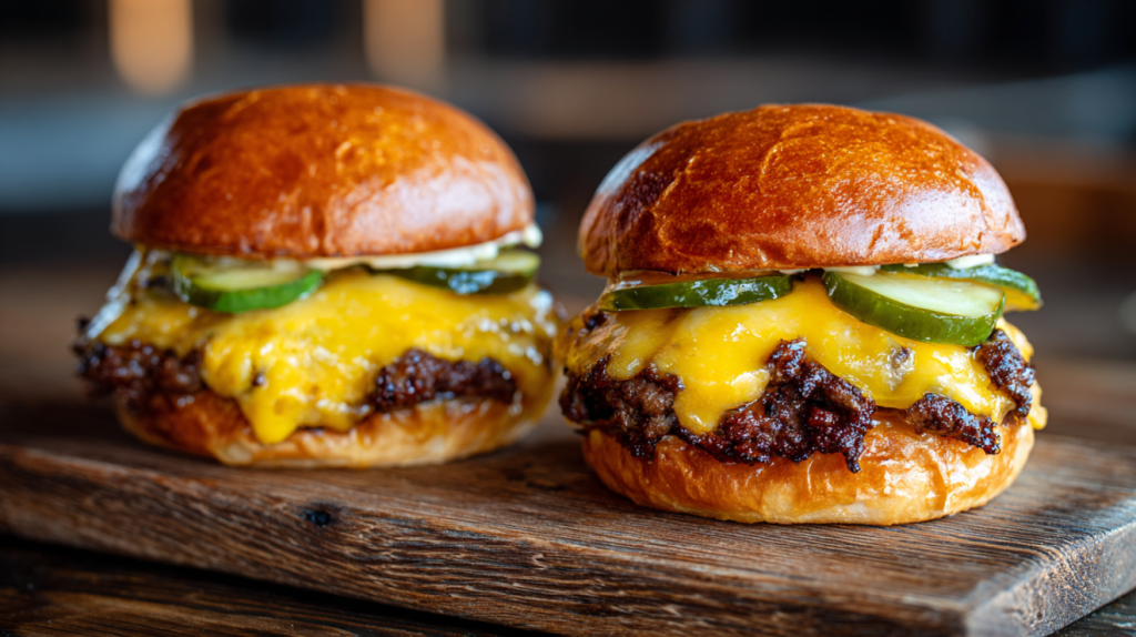 Blackstone smash burger recipe on a wooden serving board with melted American cheese and smash sauce