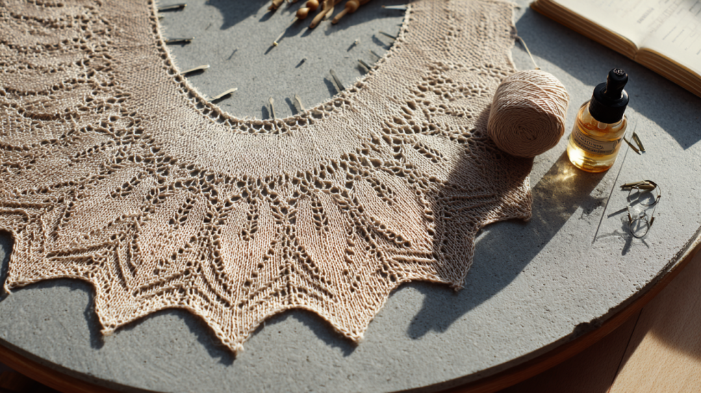 Blocking a hand-knitted lace project on a foam mat with pins for proper shaping