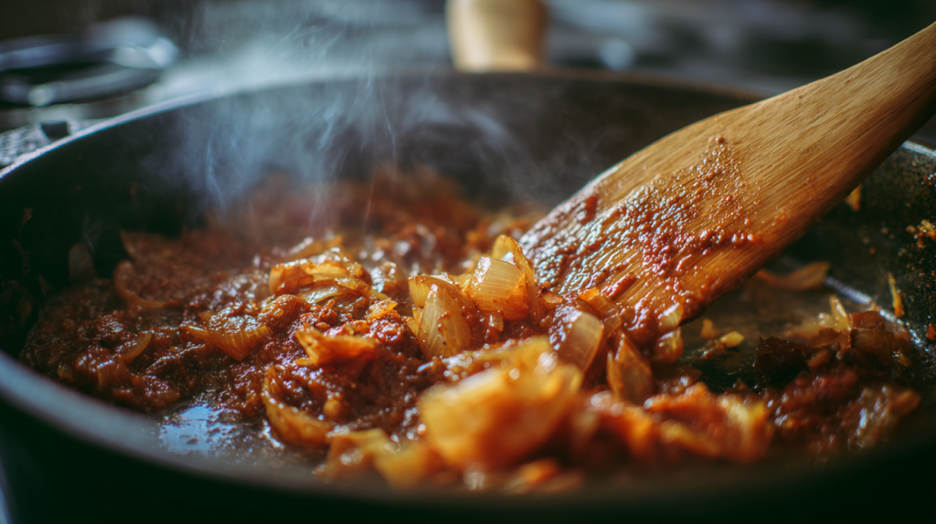 Blooming spices and tomato paste for French couscous broth base
