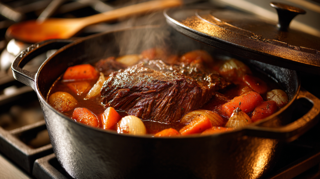 Braised meat in a Dutch oven on the stovetop with rich dark braising liquid