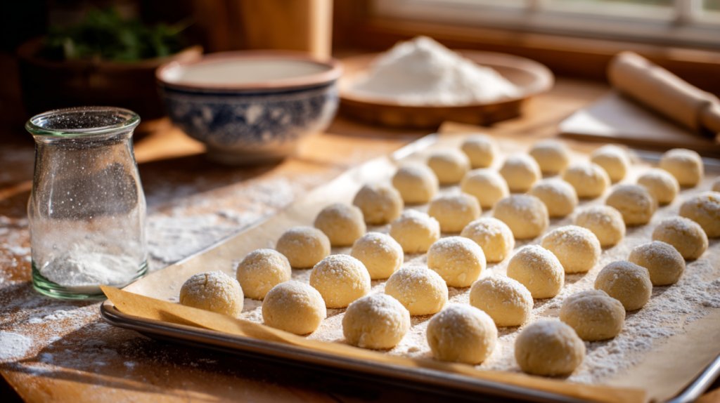 Shaped butter cookie dough ready for the oven on a parchment-lined sheet