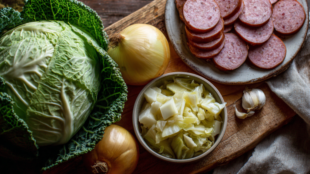 Chopped cabbage and smoked sausage prepped for crock pot cabbage recipe