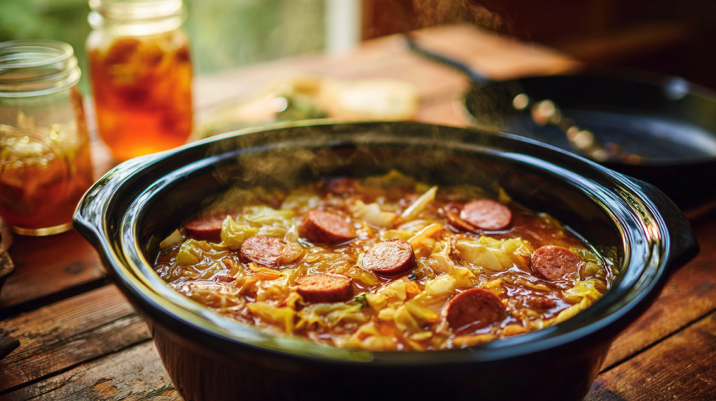 Cabbage in the crock pot Southern recipe with smoked sausage and pot likker
