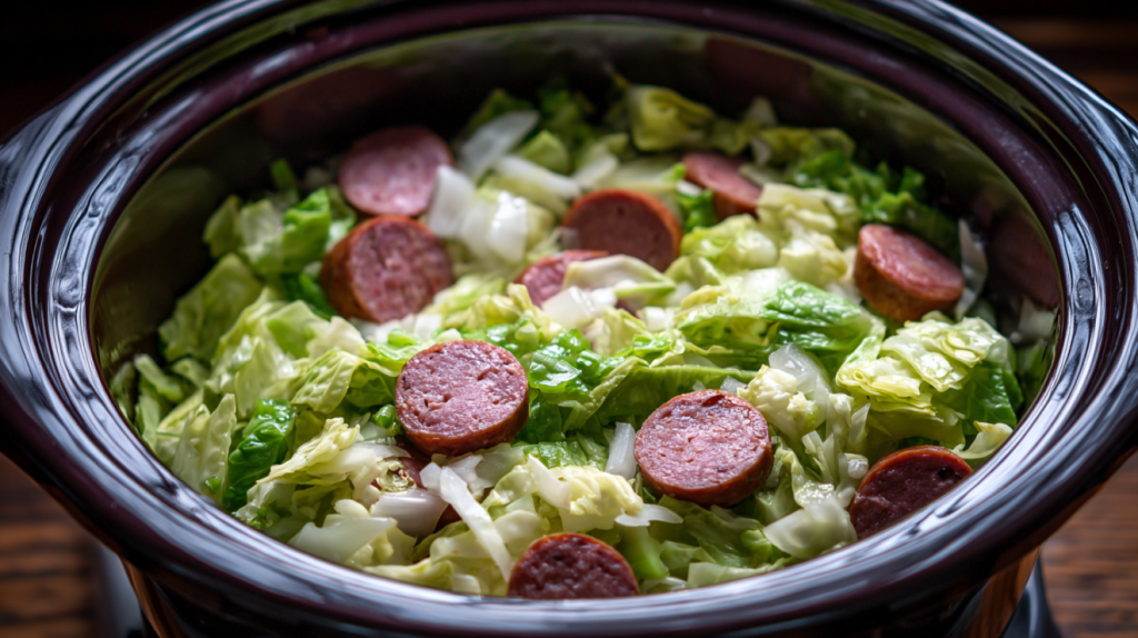 Cabbage and sausage layered in slow cooker before cabbage in the crock pot recipe begins