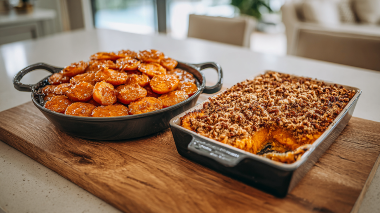 Candied yams in a skillet next to sweet potato casserole with pecan topping on a modern kitchen counter