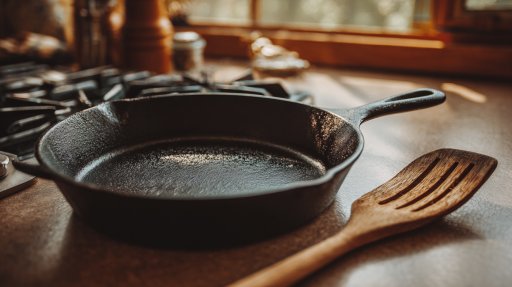 Well-seasoned cast iron skillet showing proper dark patina on stovetop