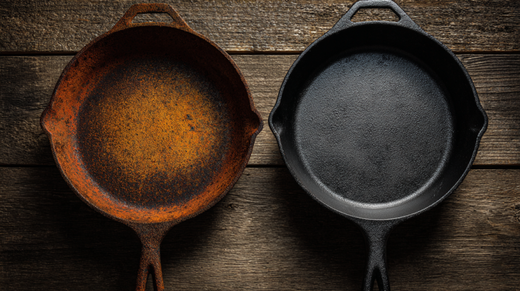 Before and after restoration of a rusted cast iron skillet