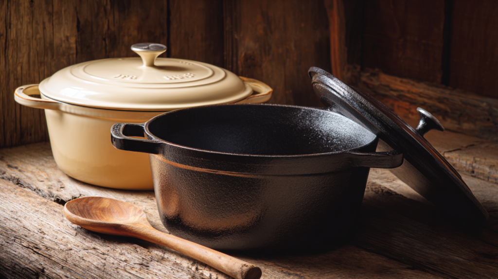 Cast iron Dutch oven and enameled Dutch oven side by side for smothering comparison
