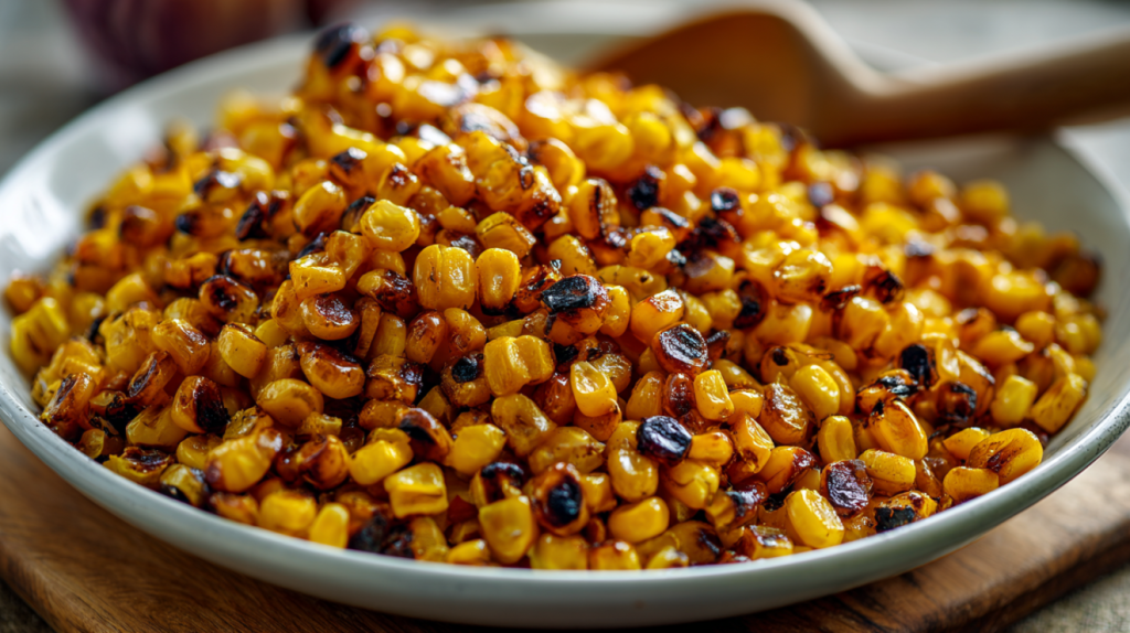 Charred street corn kernels in a bowl for street corn pasta salad recipe