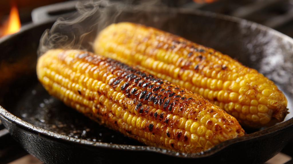 Charring fresh corn in a cast iron skillet for street corn pasta salad