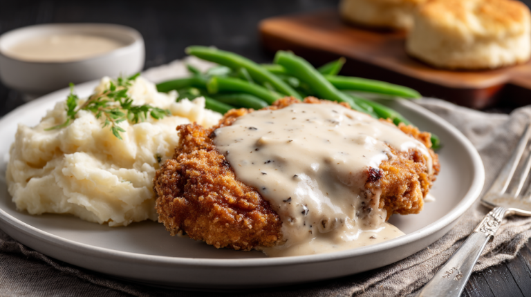 Chicken fried steak with cream gravy on a Southern dinner plate