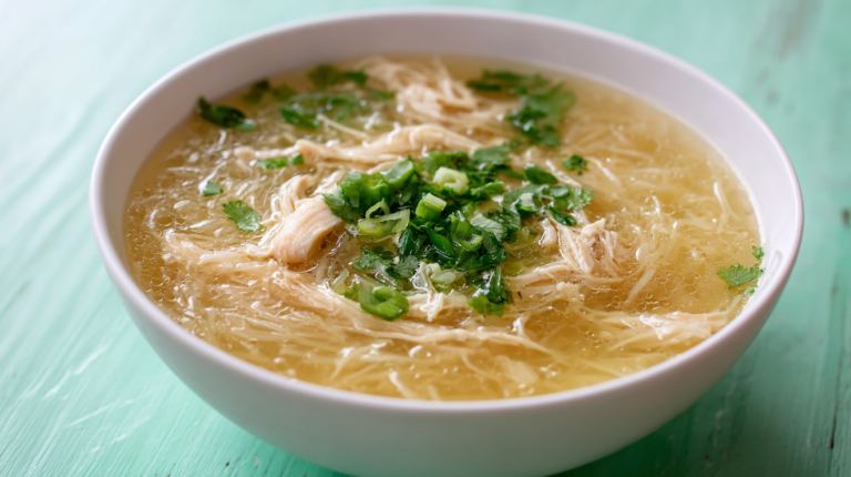 Bowl of chicken long rice with bean thread noodles and shredded chicken in ginger broth