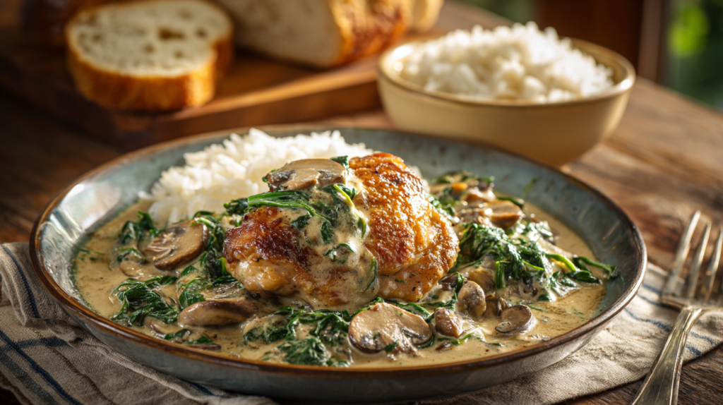 chicken spinach mushroom dinner served with rice and crusty bread