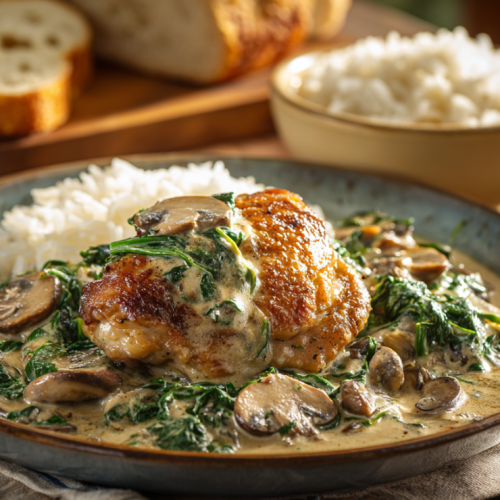 chicken spinach mushroom dinner served with rice and crusty bread