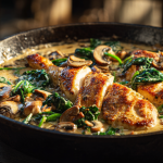 chicken spinach mushroom skillet in a cast iron pan with crispy chicken thighs and creamy sauce